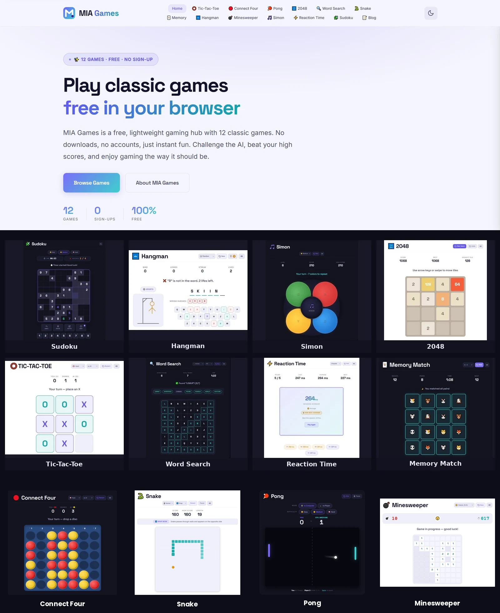 Collage of the MIA Games homepage and all 12 games: Sudoku, Hangman, Simon, 2048, Tic-Tac-Toe, Word Search, Reaction Time, Memory Match, Connect Four, Snake, Pong, and Minesweeper